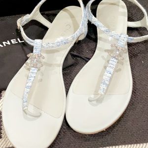 Authentic Chanel tweed and Cc logo thong sandals